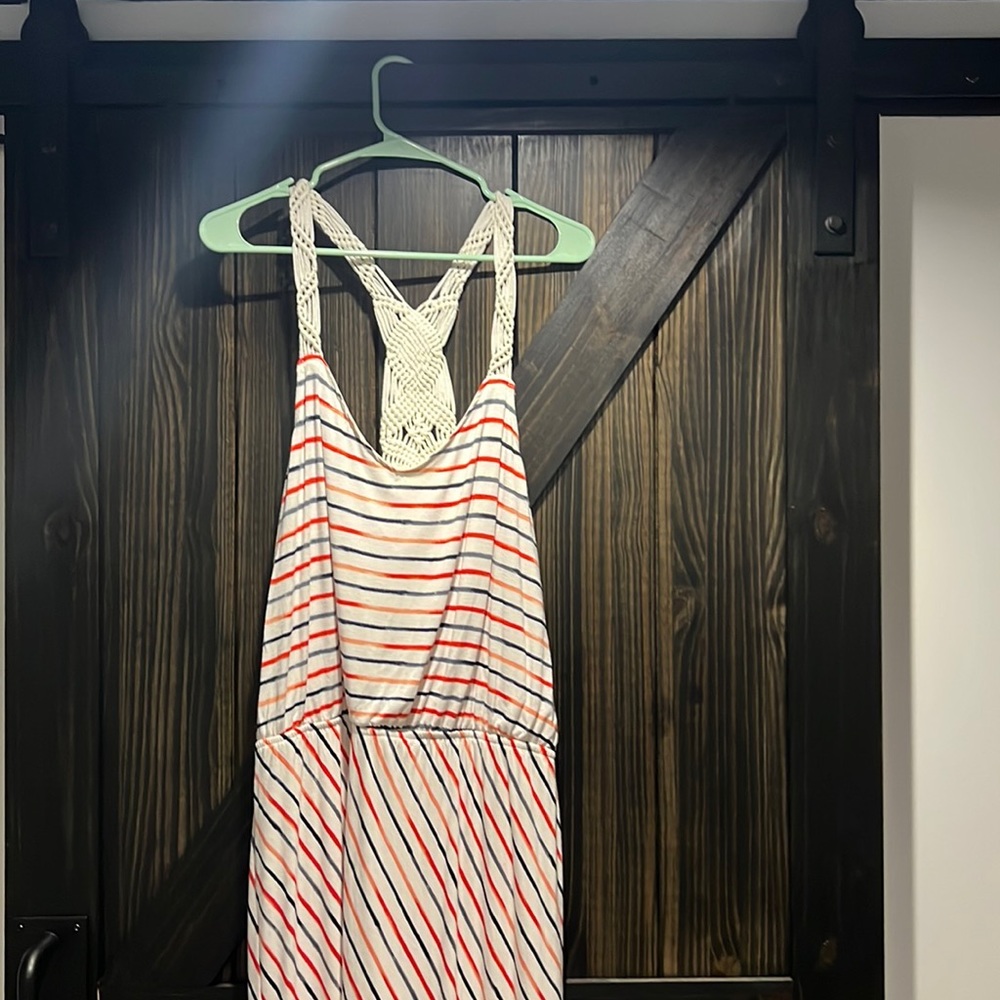 Red white and blue striped maxi dress with macrame straps
